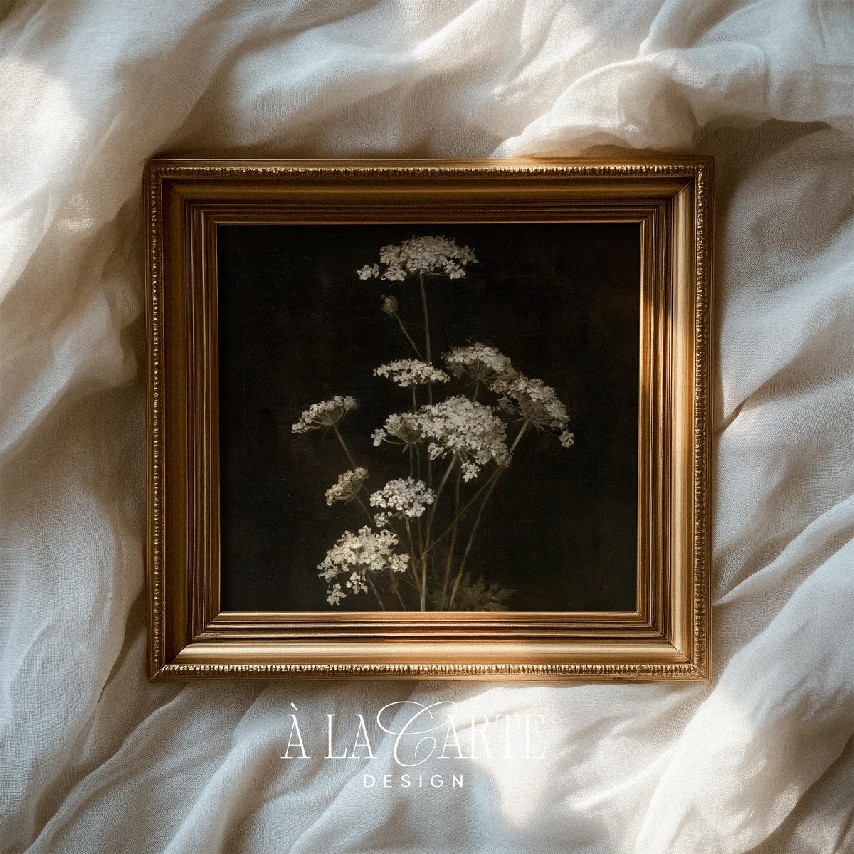 Queen Anne's Lace printable art for bedroom — delicate white flowers on dark moody background with vintage botanical aesthetic