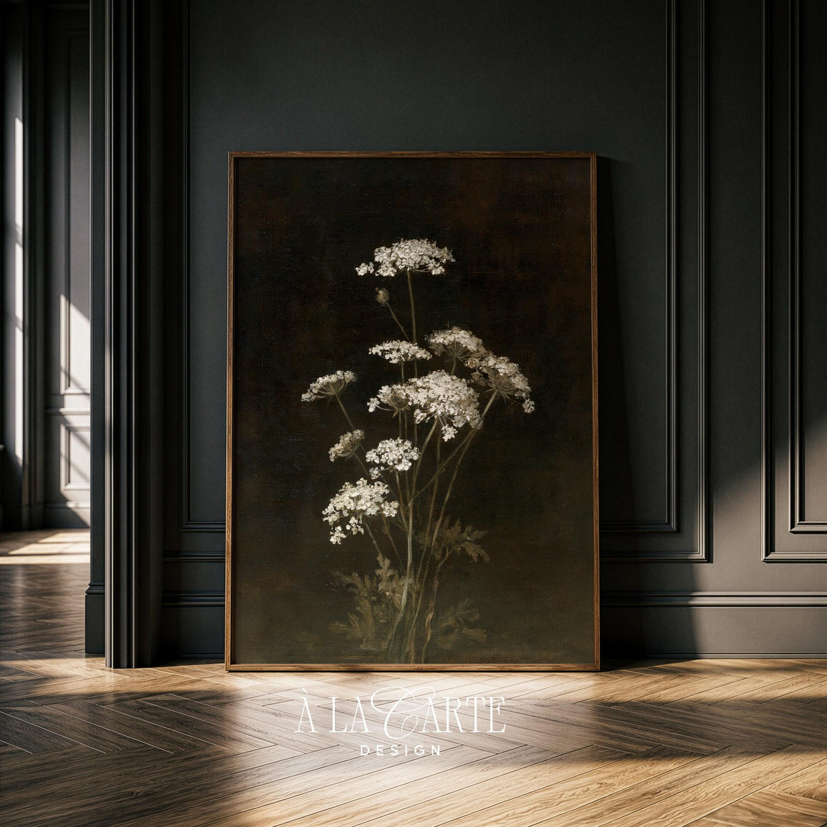 Dark moody flower printable art for study room — textured botanical with olive undertones and classical still-life museum quality