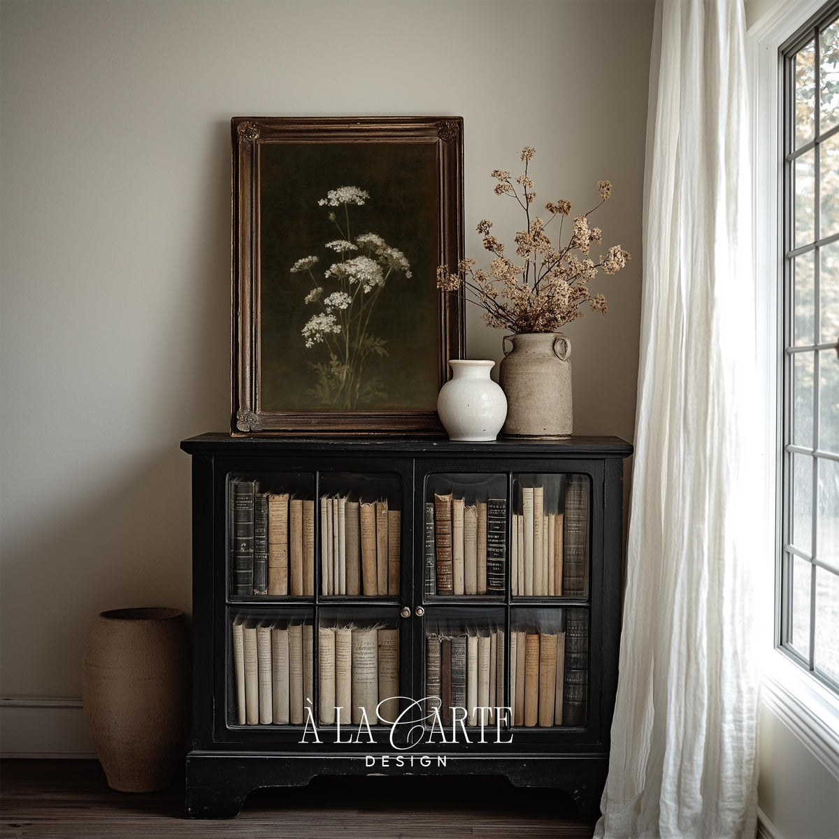 Vintage floral painting digital download — Queen Anne's Lace with theatrical dark backdrop and museum-quality oil paint texture