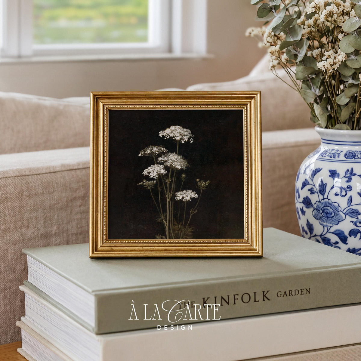Vintage nature study wall print featuring delicate white wildflowers — dark academia aesthetic with old master still life mood