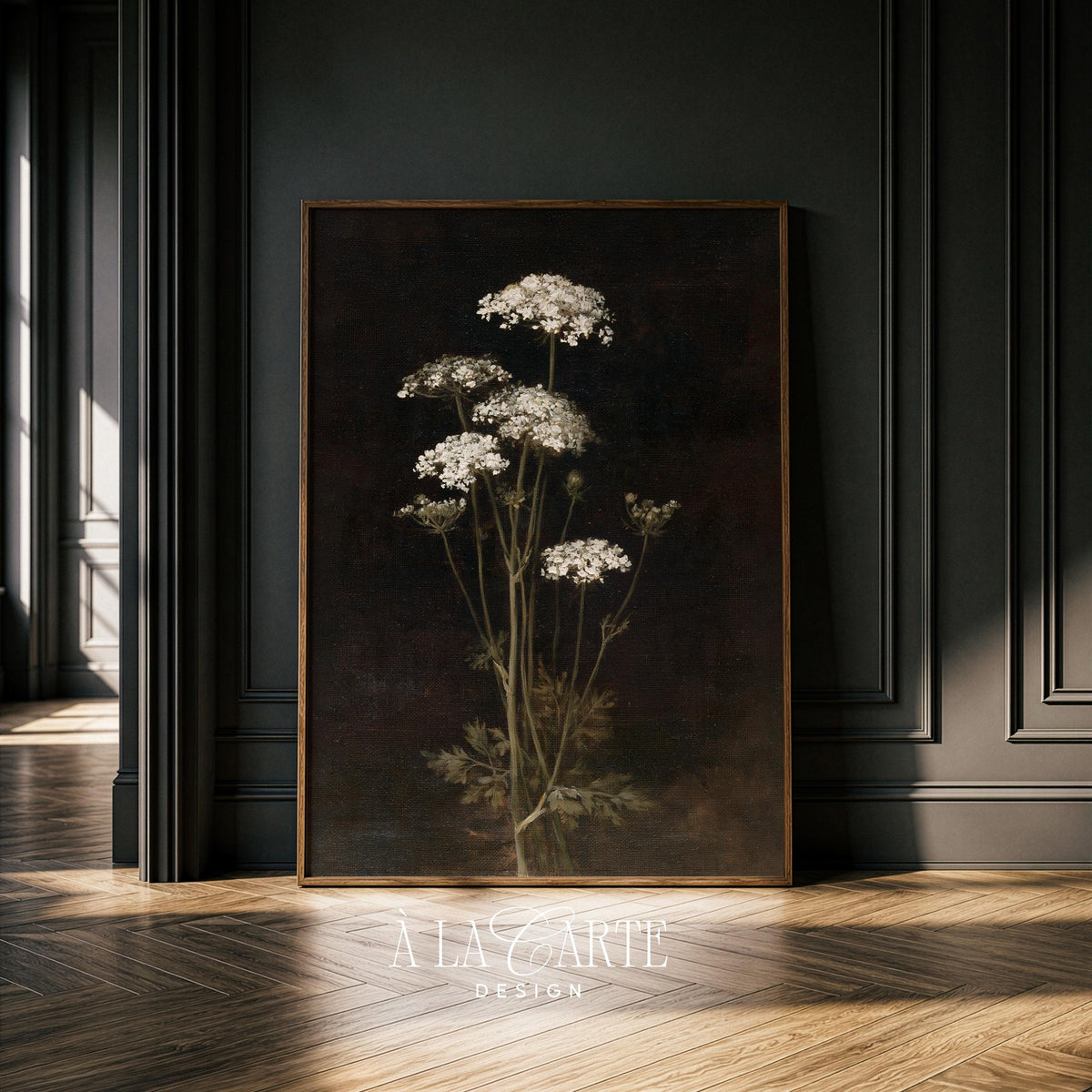 Queen Anne's Lace digital art print for farmhouse living room — moody floral with delicate stems and elegant silhouette