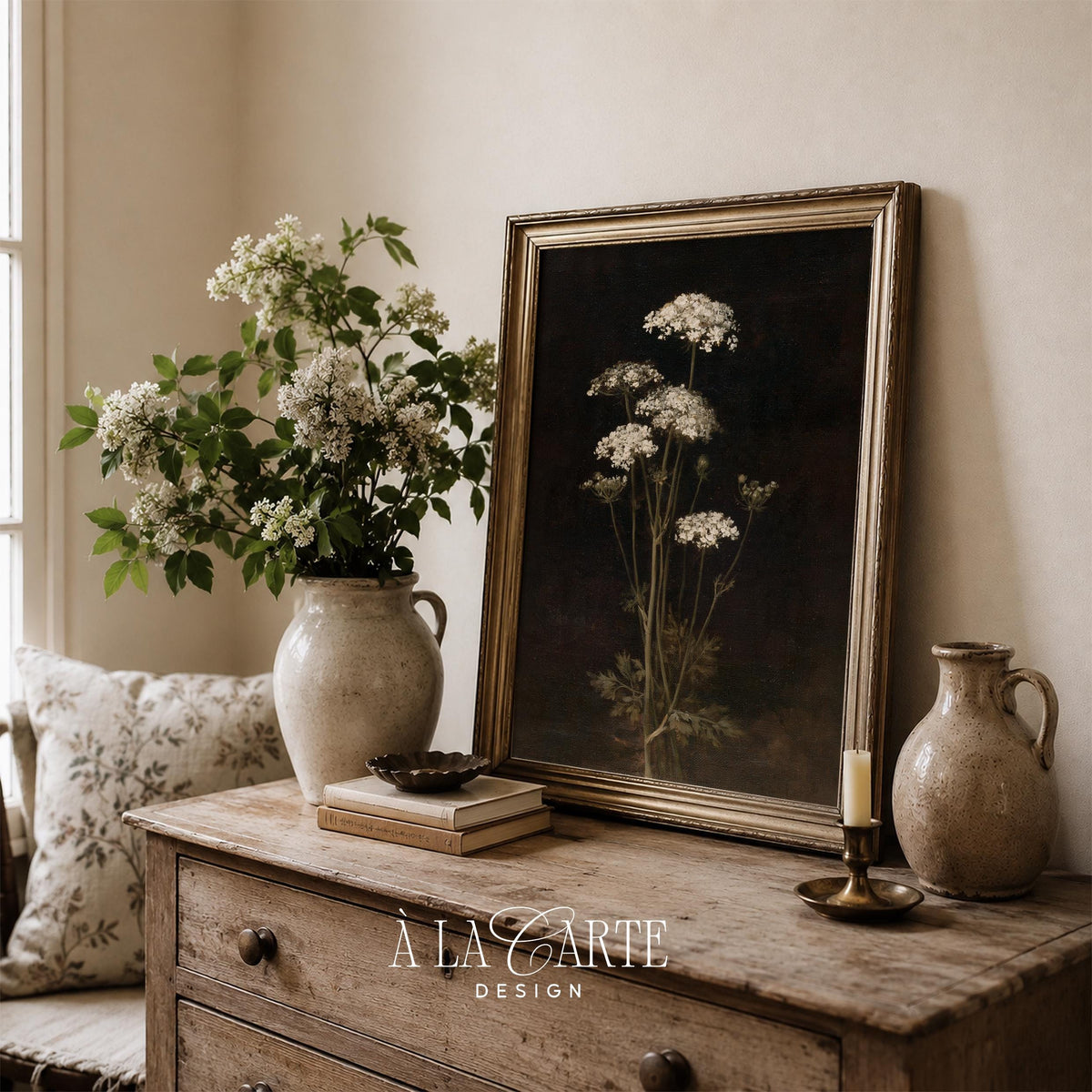 Wildflower poster printable art for farmhouse décor — delicate Queen Anne's Lace with moody atmospheric backdrop
