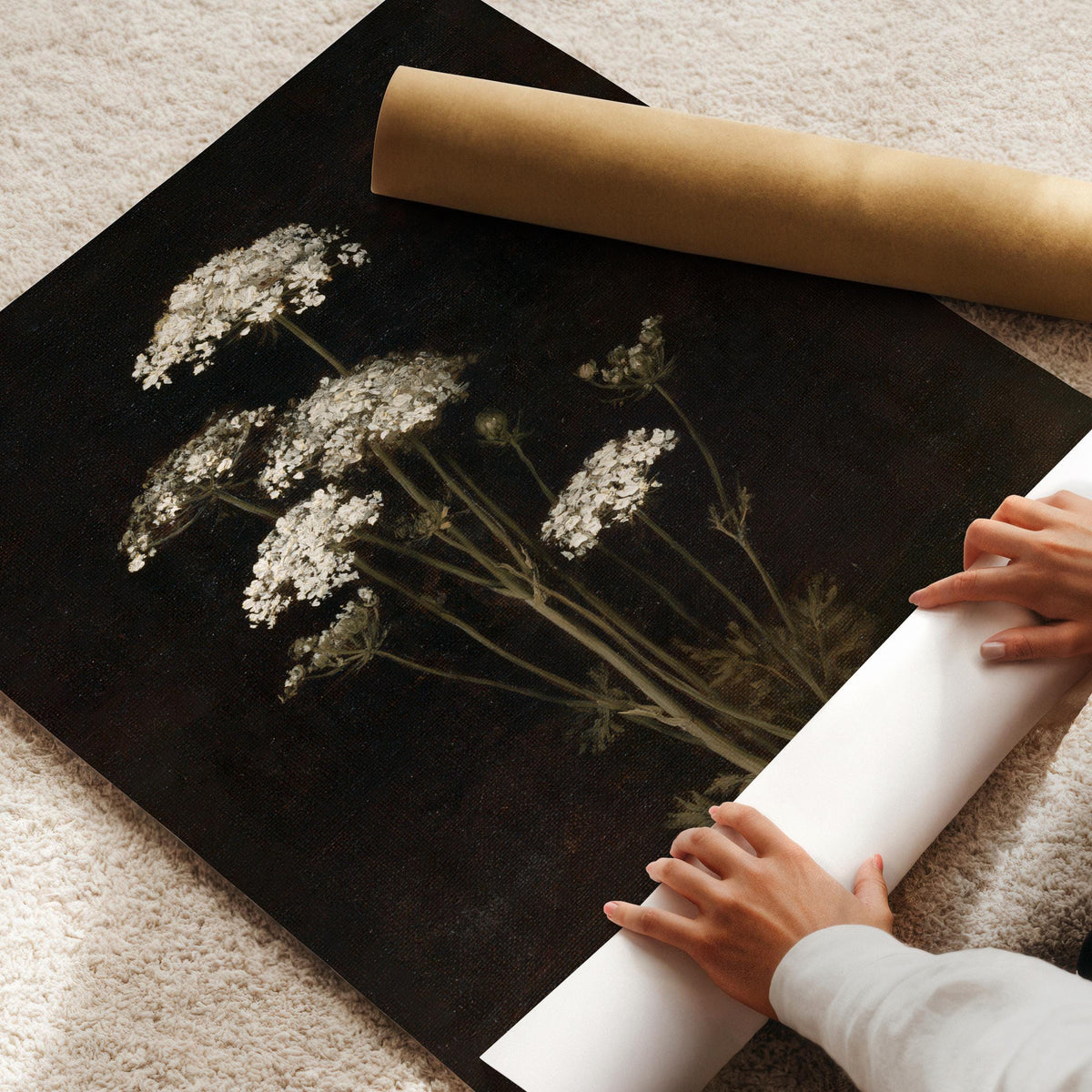 Queen Anne's Lace flower painting printable for farmhouse — soft white blooms against deep shadowy backdrop