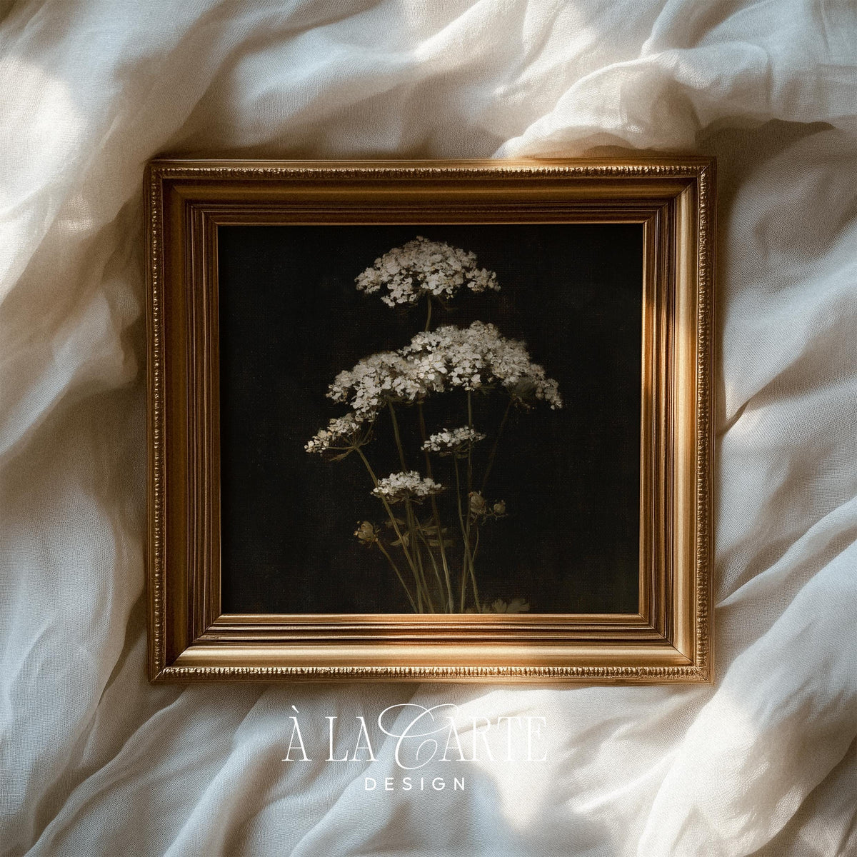 Wildflower botanical digital print for wall decor — moody vintage painting with dramatic contrast, clustered blooms, and aged charm