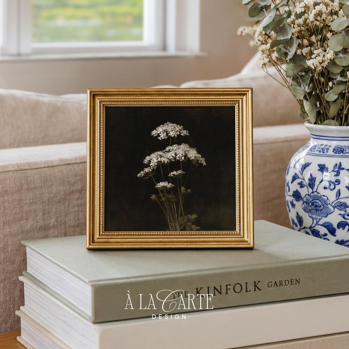 Aged flower stems wall art printable for office — moody botanical design with textured finish and muted olive-brown tones