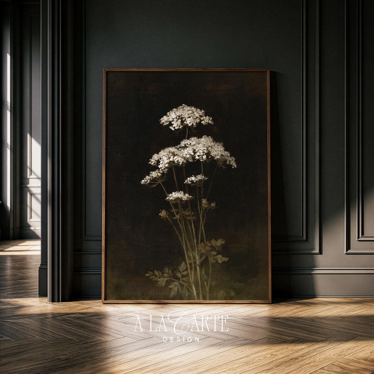 Delicate bloom illustration wall art for bedroom — vintage cottagecore style with atmospheric shadows and botanical elegance