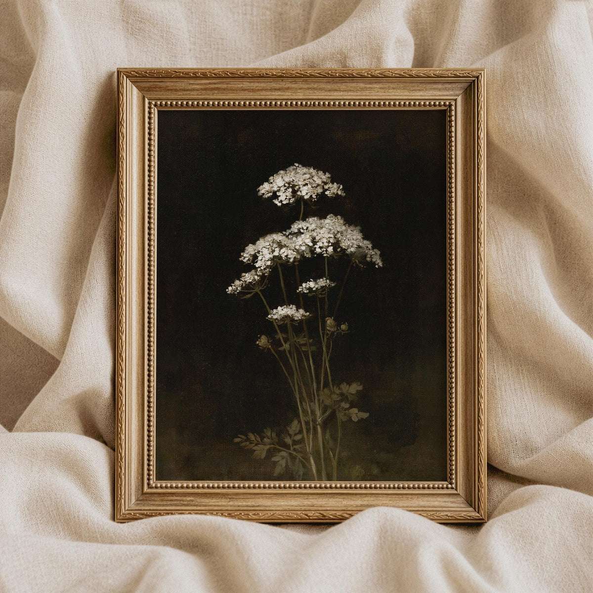 Rustic wildflower painting printable art for farmhouse — delicate white florals on dark ground with aged, nostalgic mood