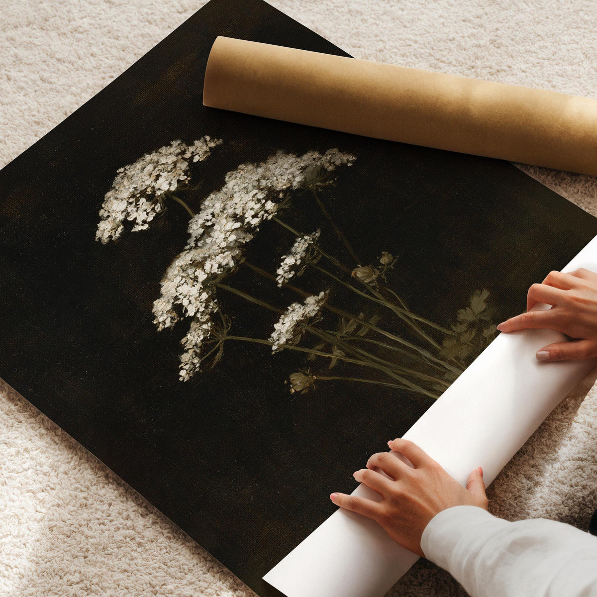 Vintage botanical poster for den — moody flower clusters with textured brushwork and earthy olive-umber color scheme