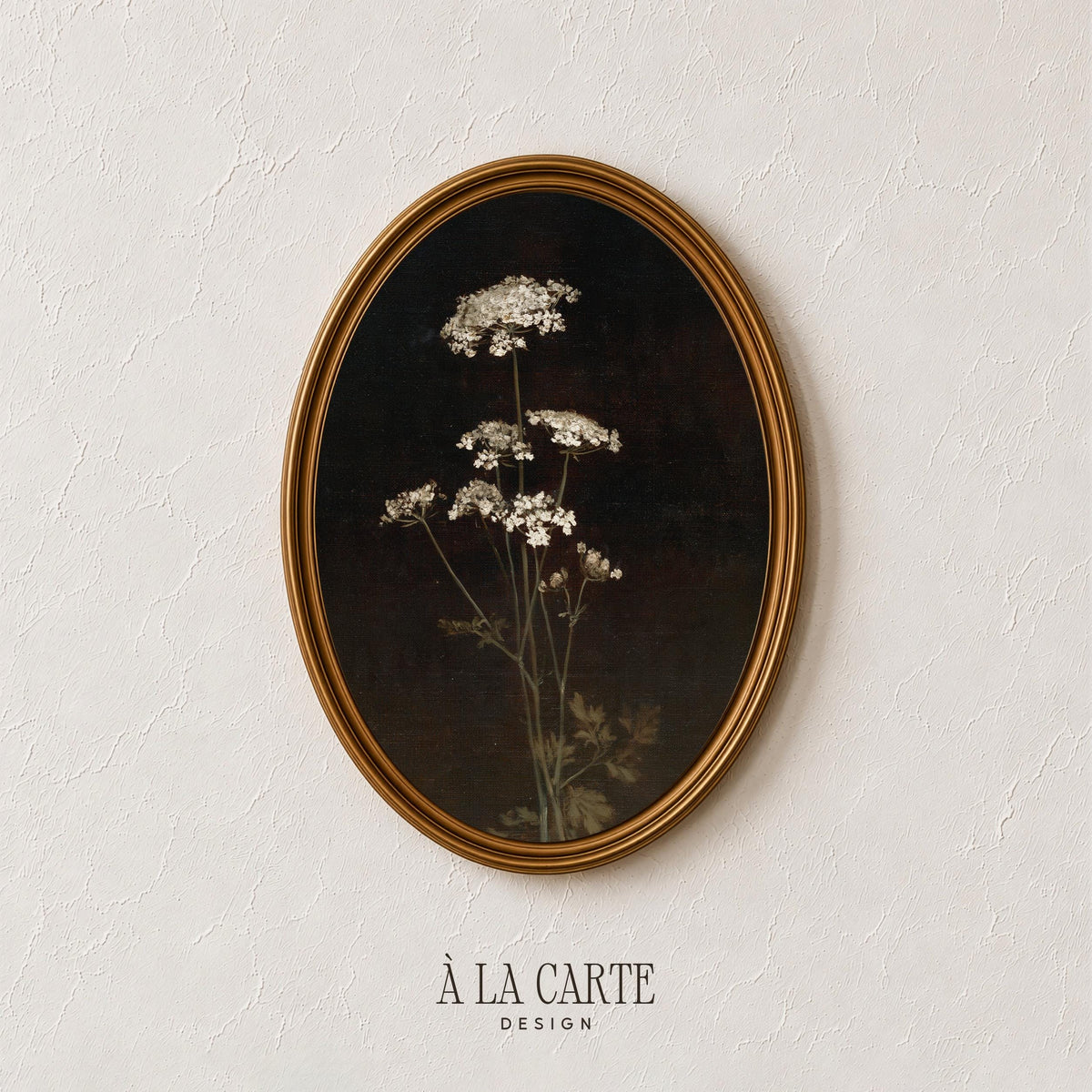 Dark academia floral artwork for library — delicate white blooms on black with soft shadow and fine details