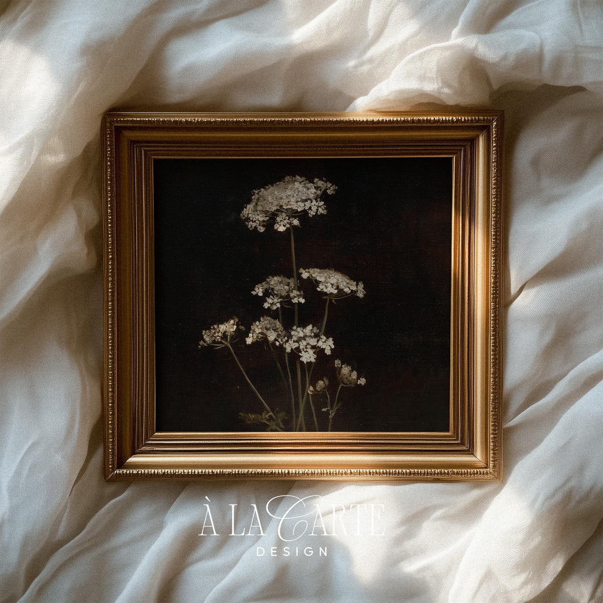 Delicate wildflower print for farmhouse decor — shadowy botanical study with vintage dark, sophisticated mood