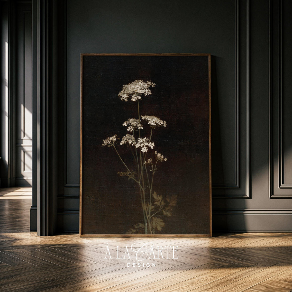 Black background flower picture printable art for farmhouse — elegant wispy stems with vintage botanical style