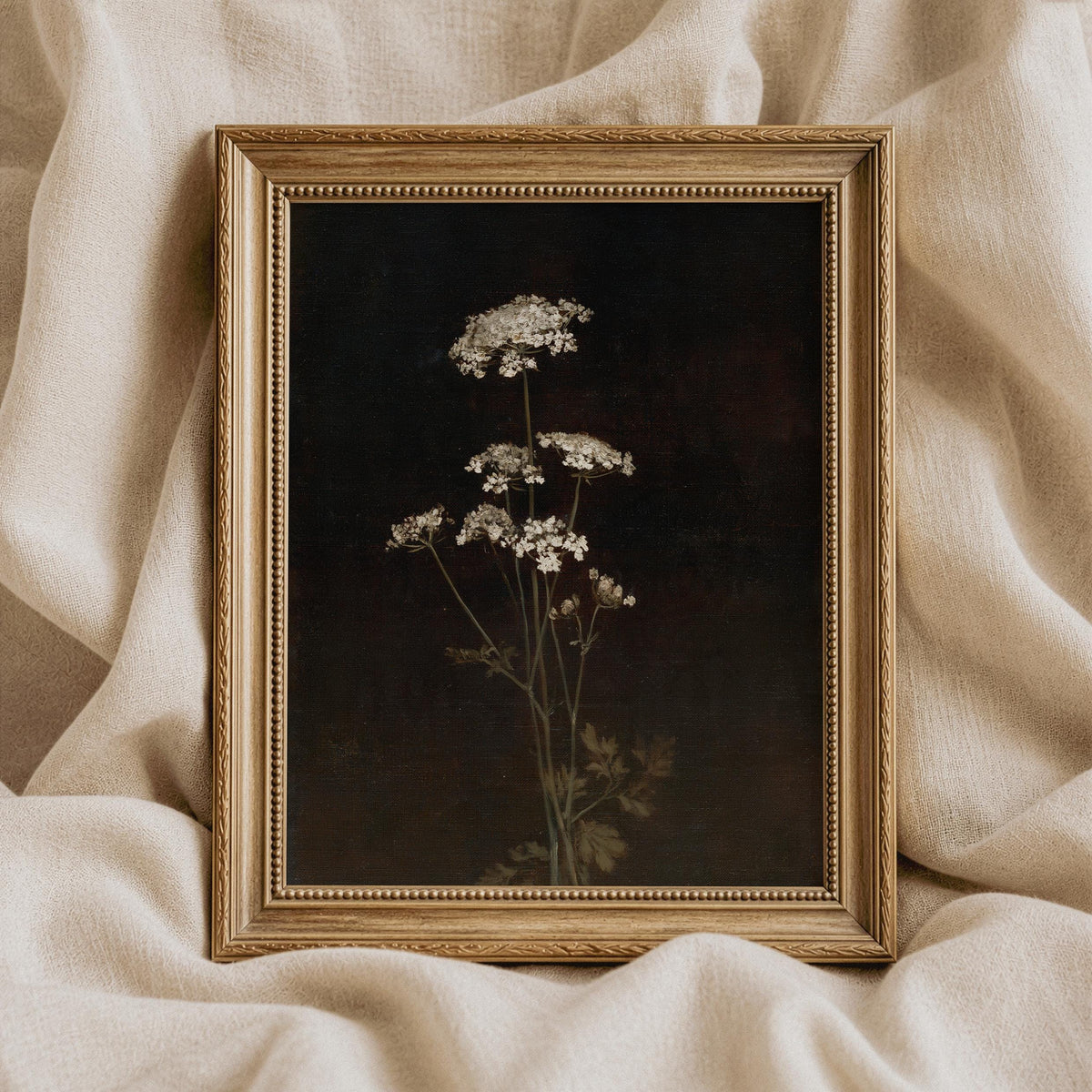Botanical study poster for bedroom — vintage lace flower painting with dramatic moody atmosphere