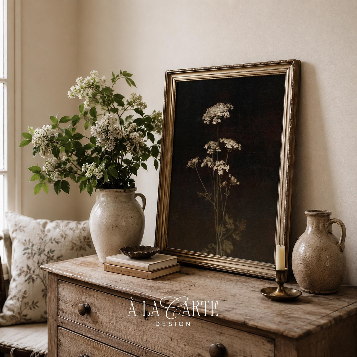 Vintage botanical poster for study — moody lace flowers with painterly brushstrokes and dark academia aesthetic