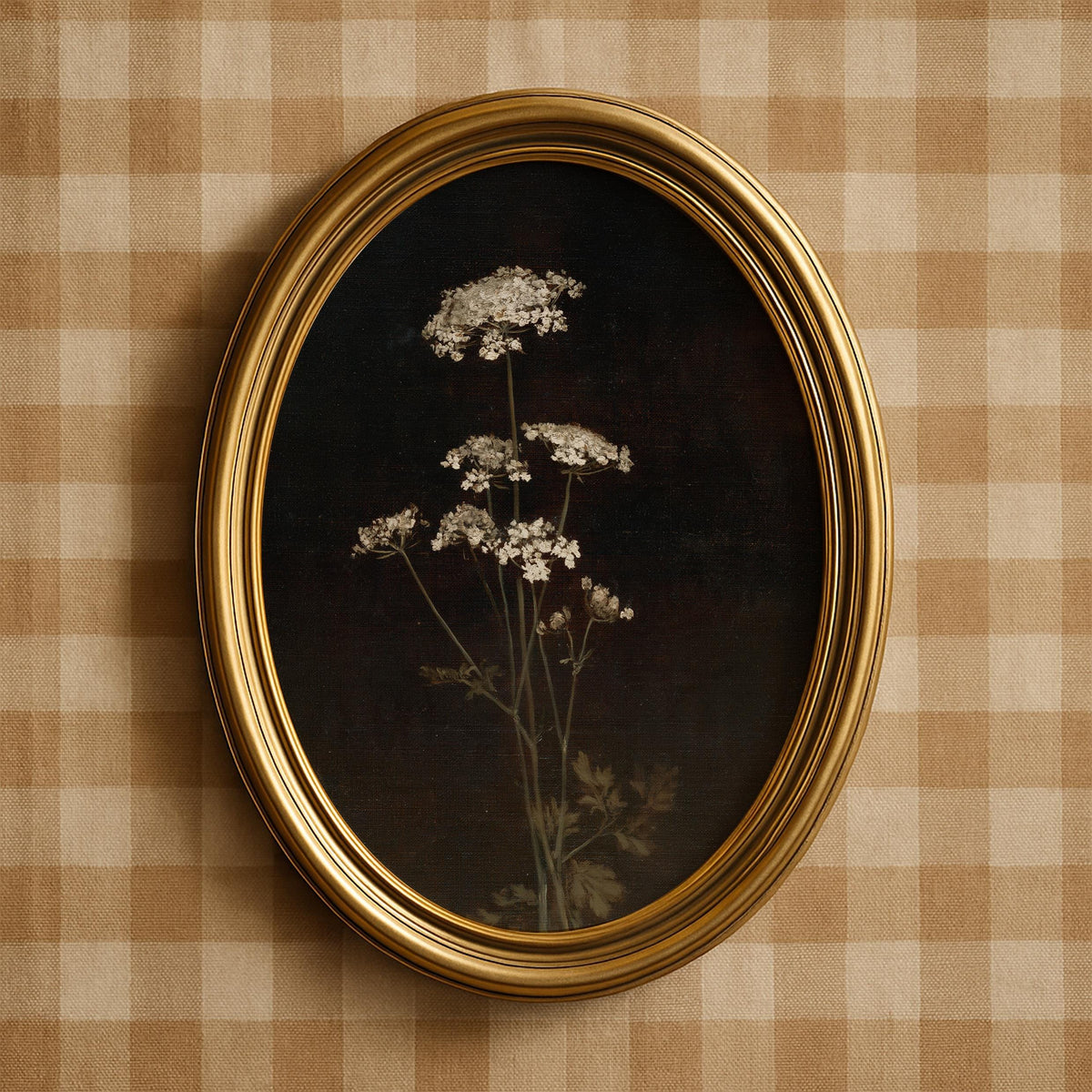 Queen Anne's Lace painting wall art for bedroom — delicate white wildflowers against dramatic black background