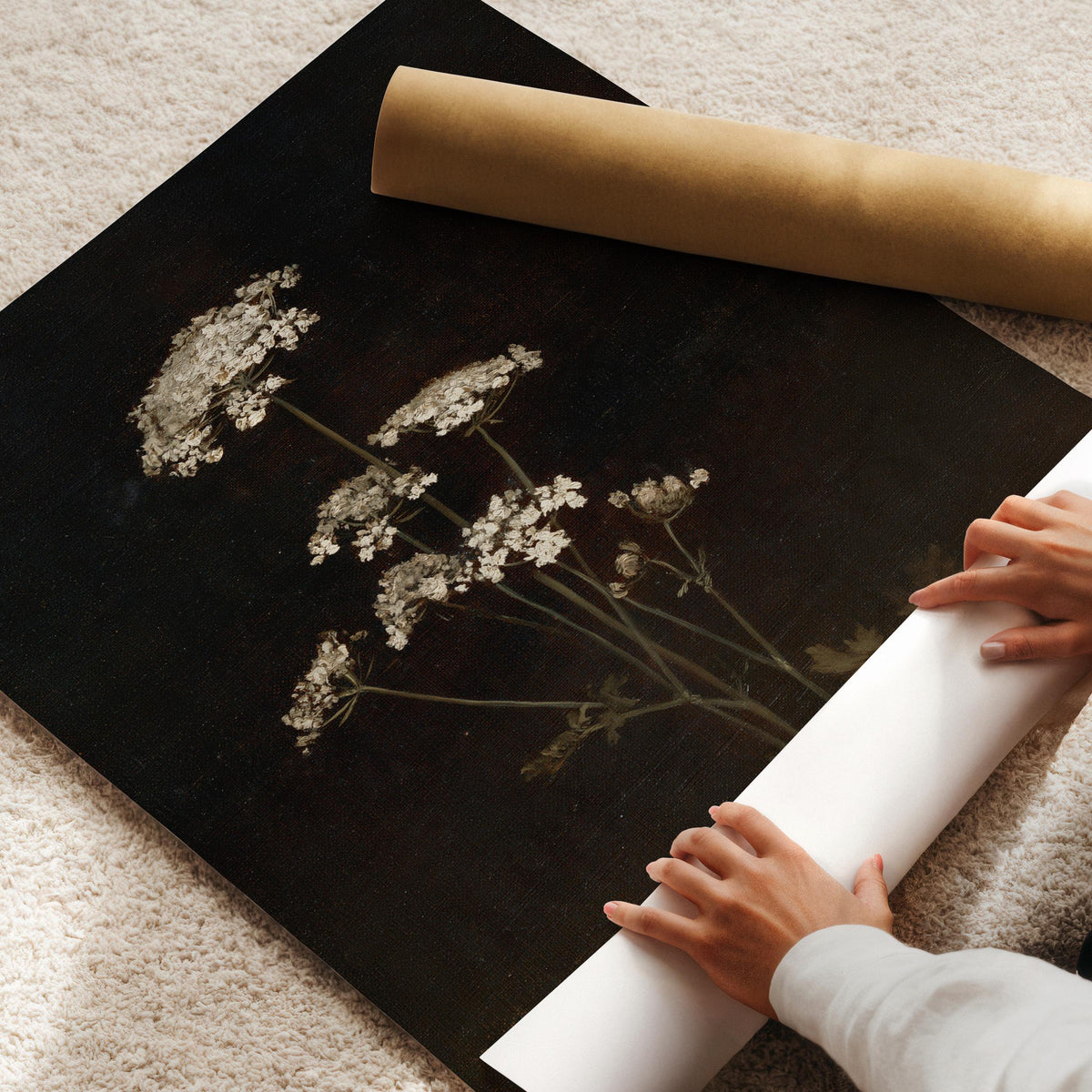 Moody botanical picture for entryway — delicate white lace flowers with antique still life aesthetic