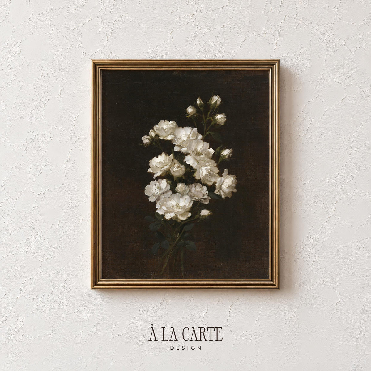 Delicate blossom gallery art printable for library — classic moody floral featuring luminous white flowers