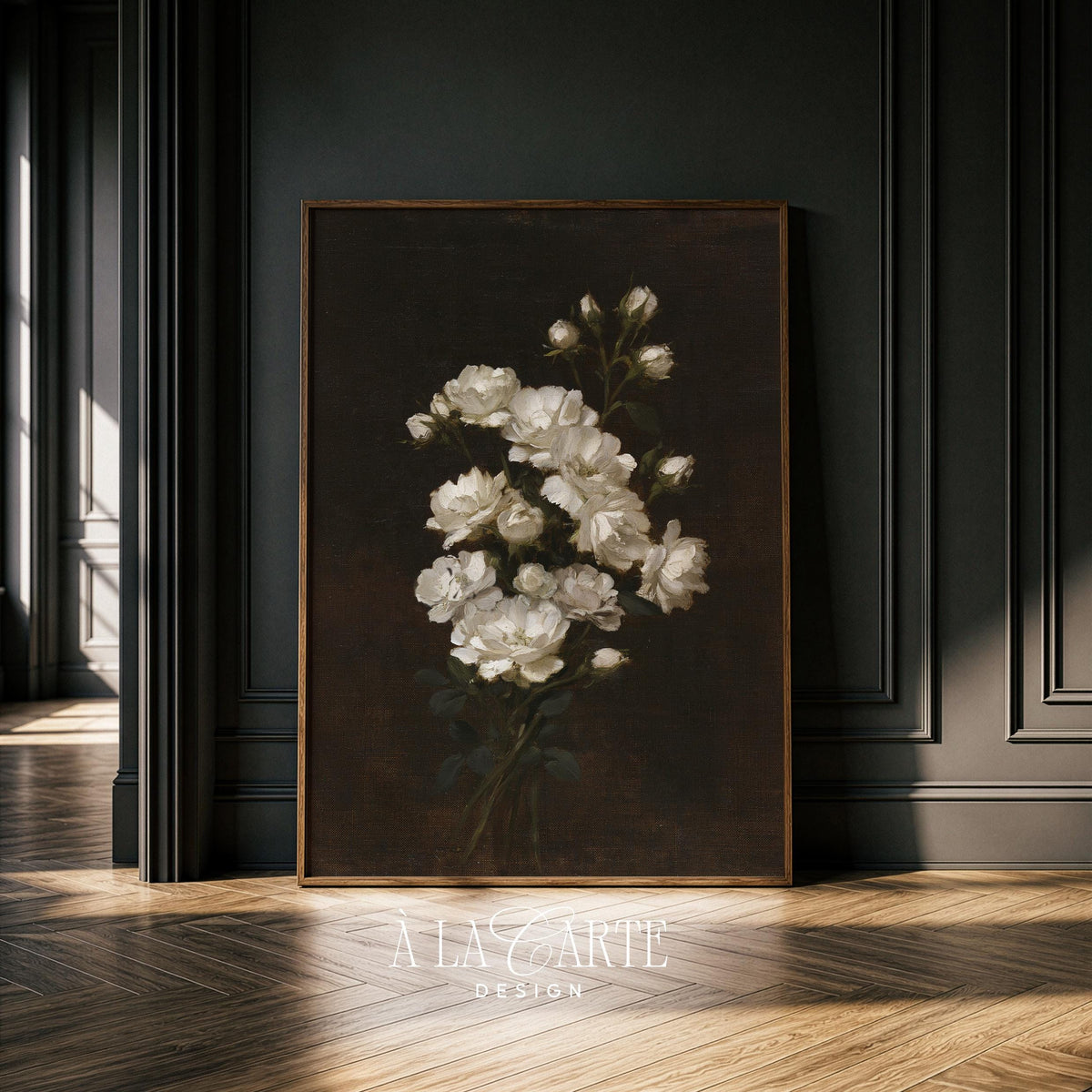 Luminous blooms poster digital wall art instant download — classic botanical featuring soft flowers on moody backdrop