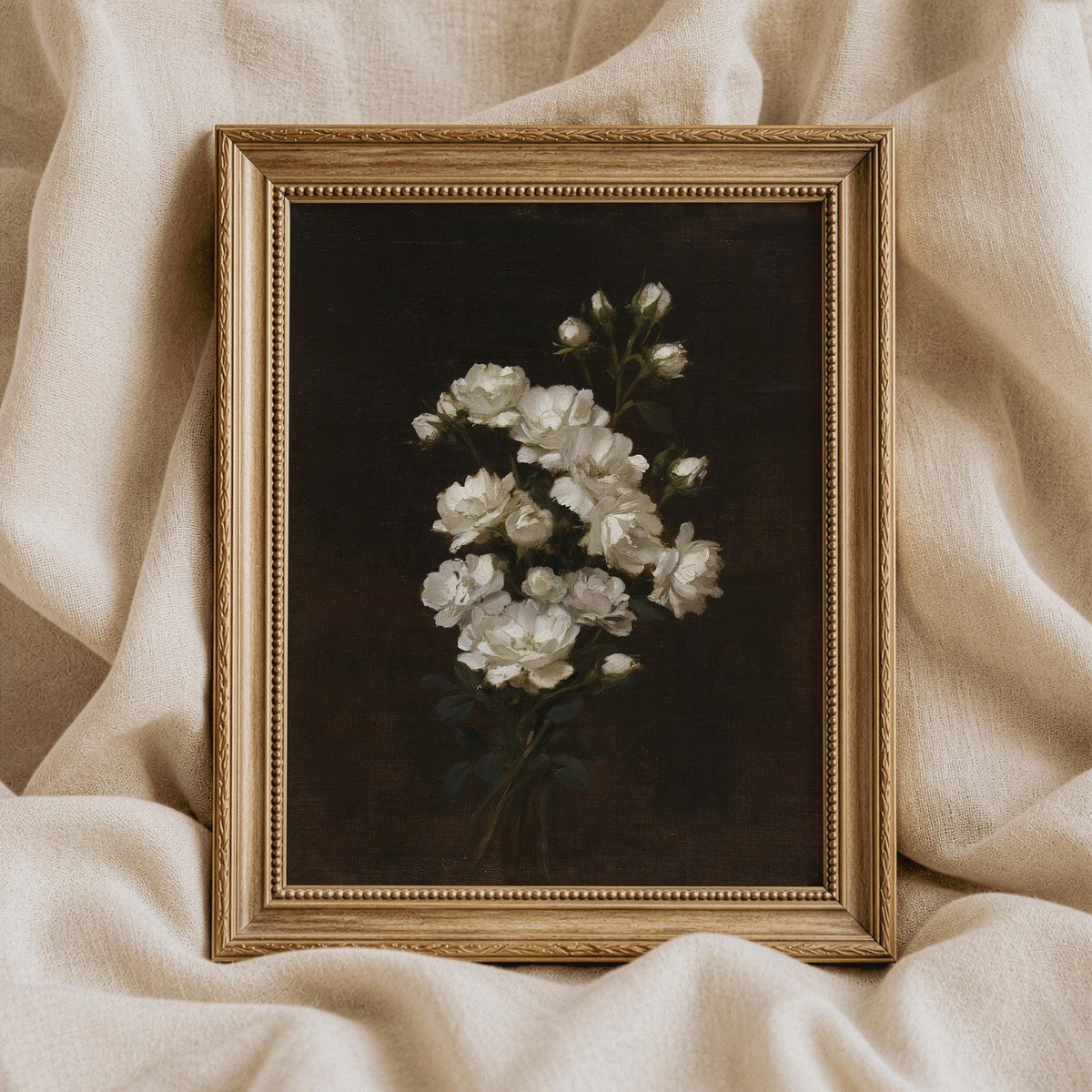 Romantic vintage bloom poster digital print — dark background botanical emphasizing soft romantic details