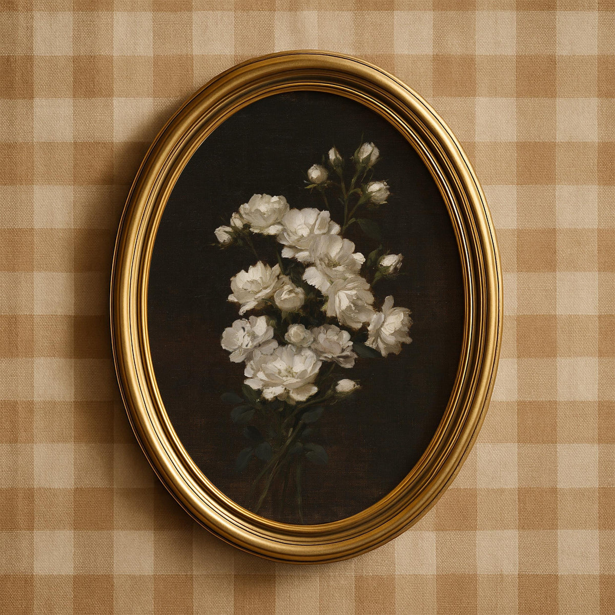 White roses painting printable art for bedroom — moody dark academia floral with vintage romantic aesthetic