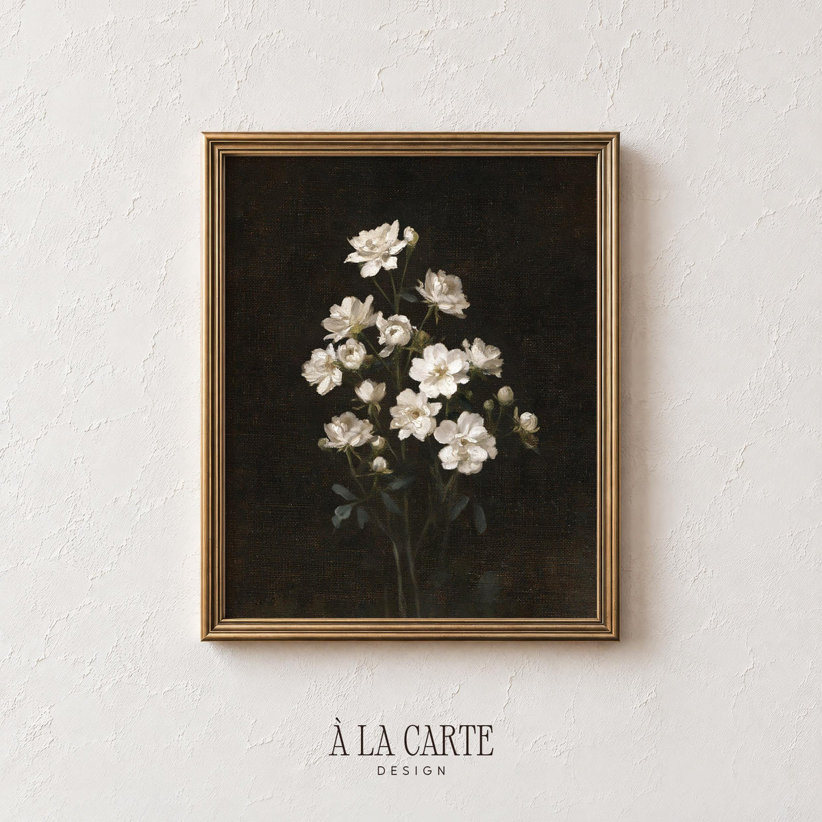 Botanical cluster picture for bedroom — dark romantic florals with luminous white blooms and earthy palette