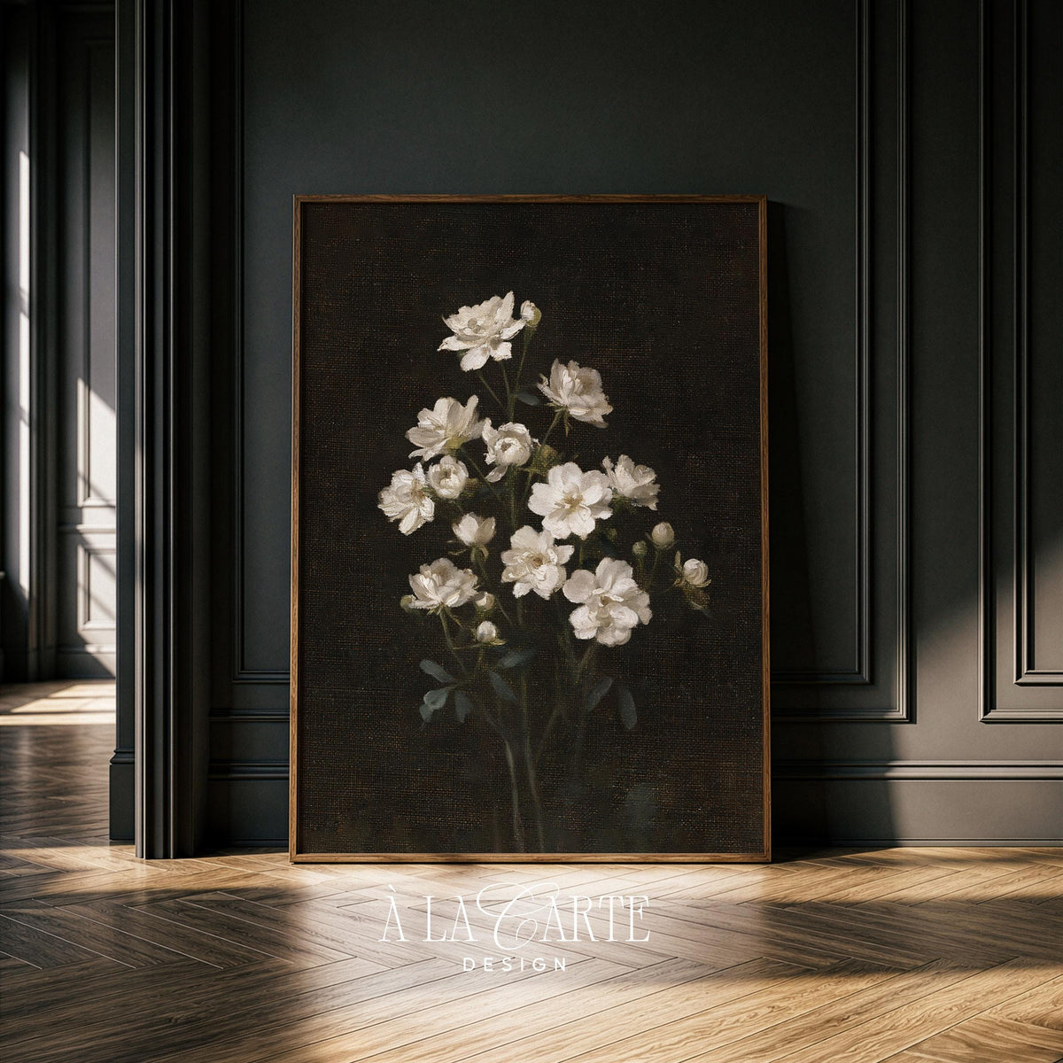 Vintage botanical printable wall art for dining room — elegant dark florals with dramatic contrast and rustic charm