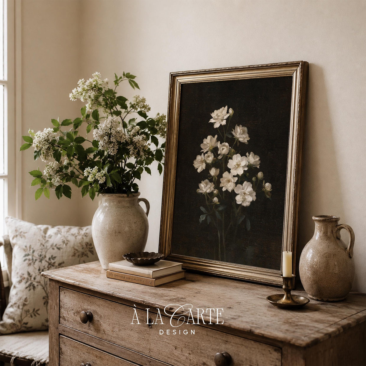 Dark romantic flower picture print — vintage-inspired blooms with dramatic contrast and textured brushwork