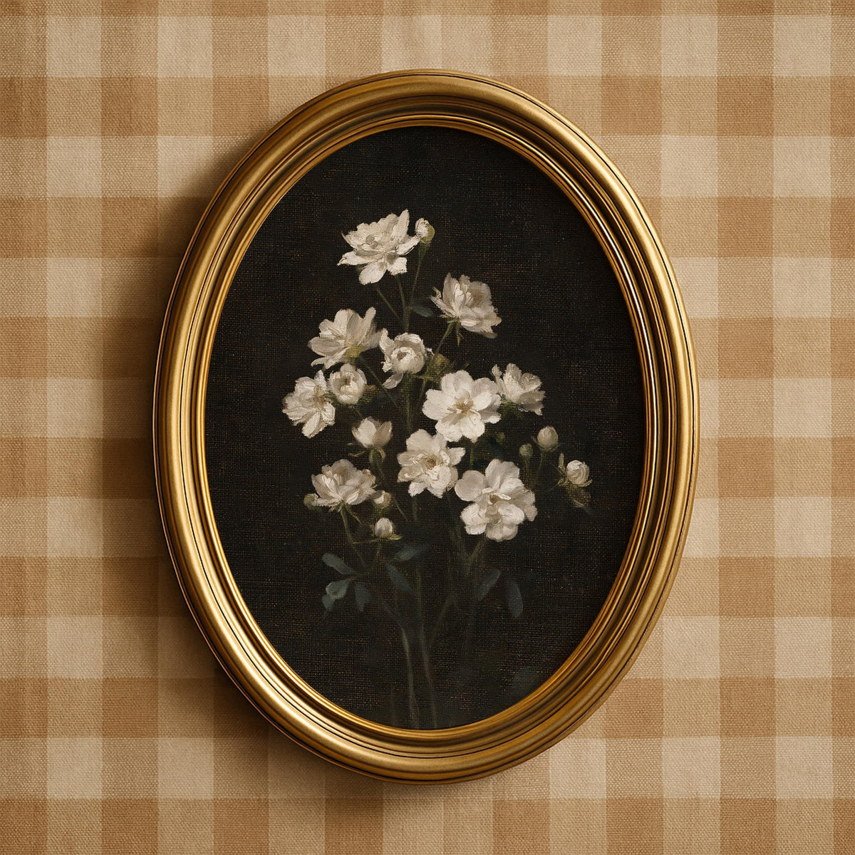 Delicate blossom wall print for study nook — moody, elegant flowers with soft foliage and antique appeal