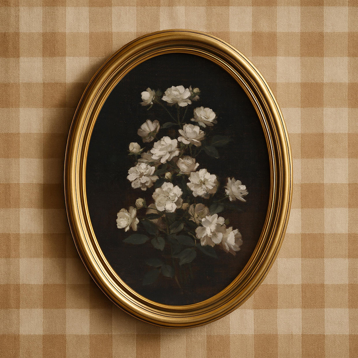 Botanical bloom printable design — vintage romantic artwork featuring luminous white flowers on shadowy canvas