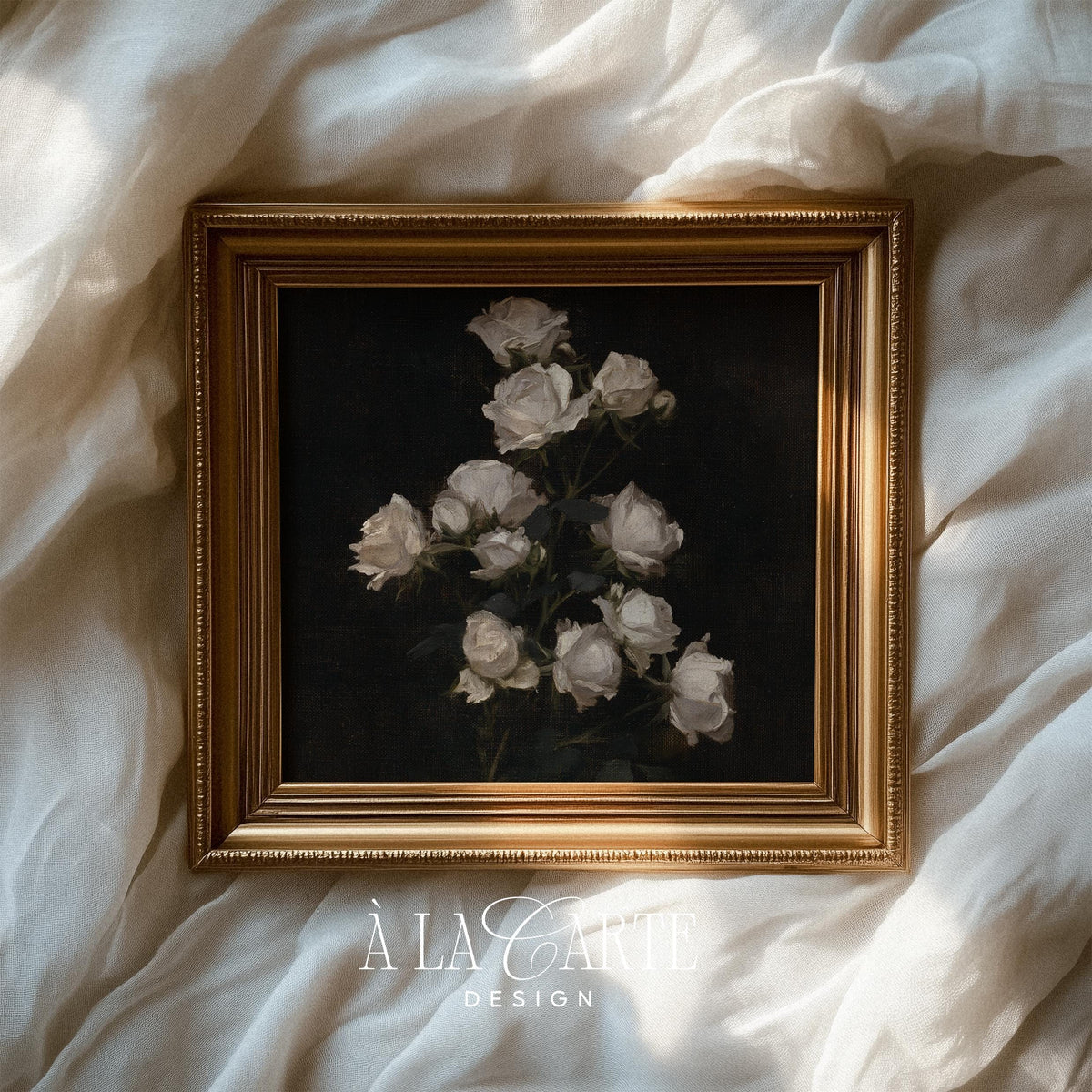 Delicate white flowers digital print for study — timeless still-life with deep burgundy backdrop and foliage