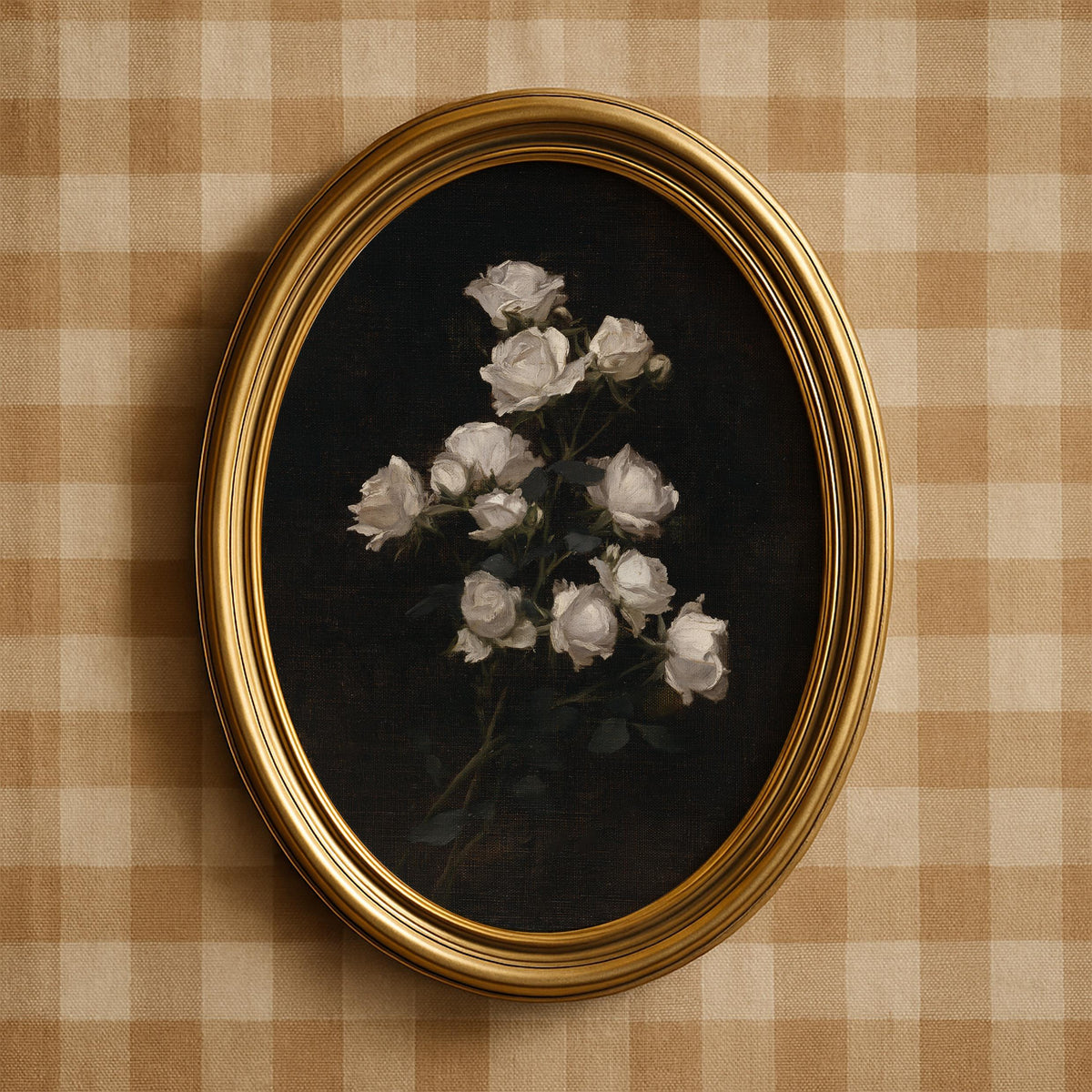 Romantic petal study poster instant download — vintage moody painting with soft lighting on dark canvas