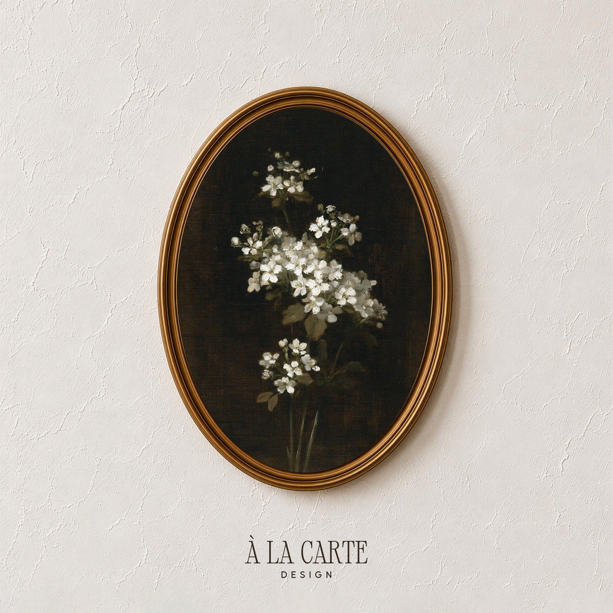 Delicate blossom picture for dining room — vintage-inspired still life with atmospheric dark background and pale petals