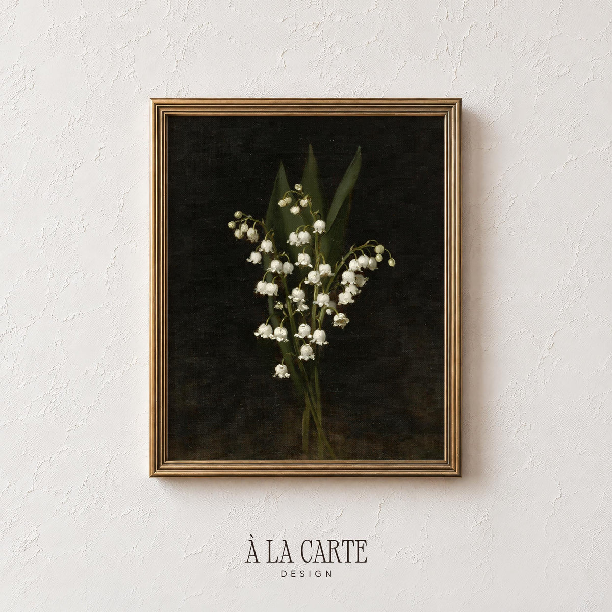 Vintage floral painting for hallway — delicate bell flowers with green foliage and deep shadowy aesthetic