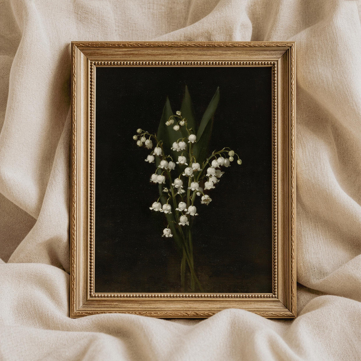 Delicate blossom wall print for study — vintage botanical featuring white bell flowers with dark moody aesthetic