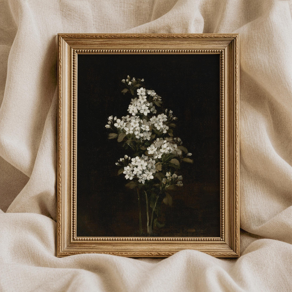 Romantic blossom wall decoration for home — moody dark academia painting with sophisticated vintage style