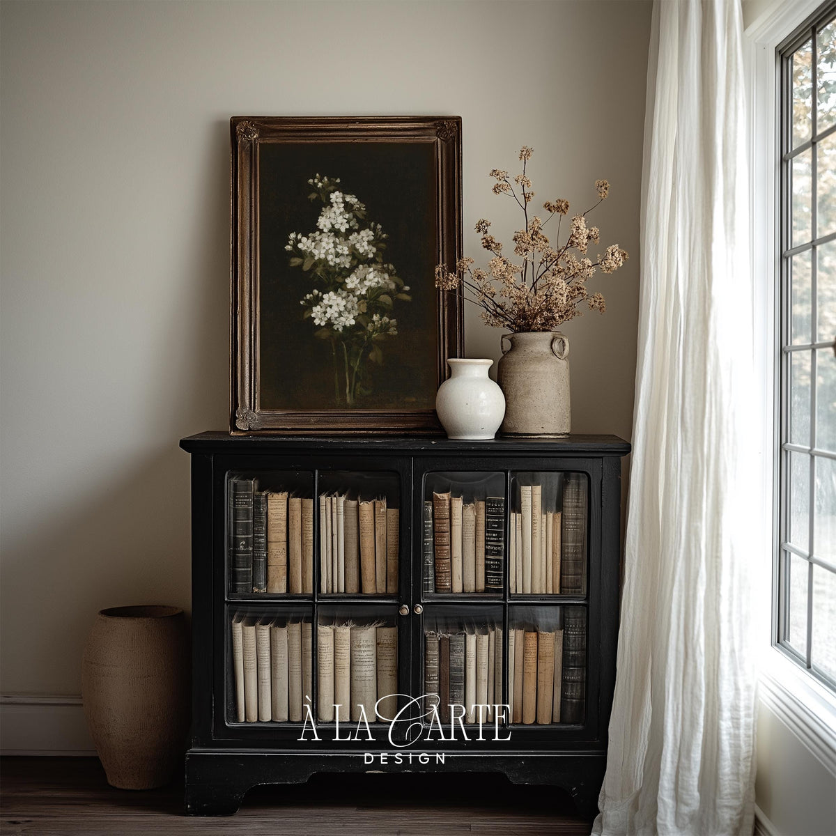 Romantic vintage flowers picture for entryway — antique vessel with delicate white petals, rich atmosphere