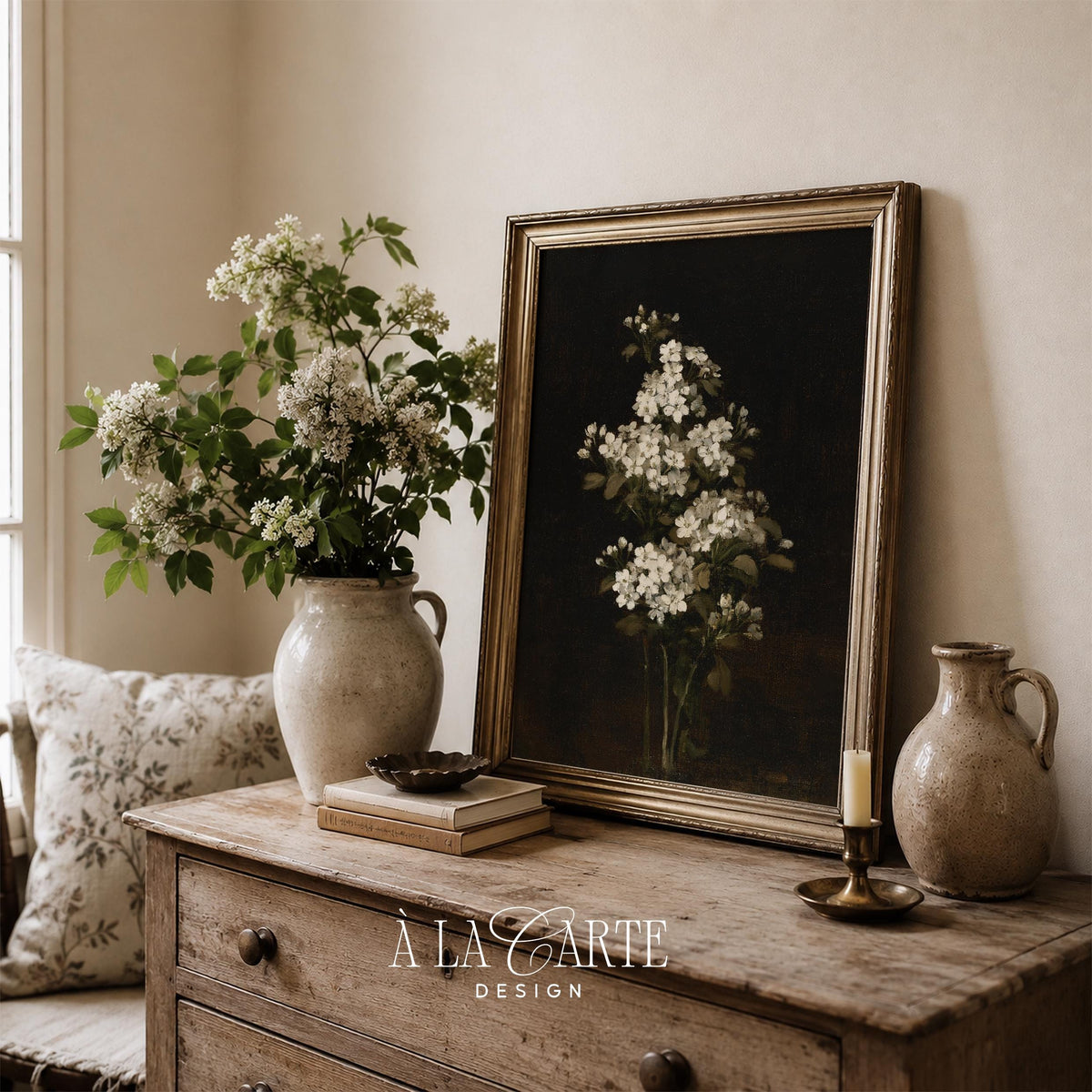 Glass vase with white blooms digital print for library — old world dark romantic artwork