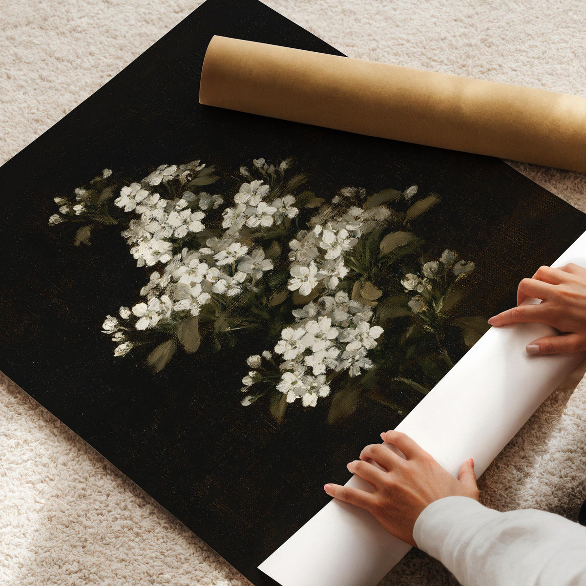 Moody botanical painting wall art for bedroom — vintage elegance with white flowers and deep shadowed background
