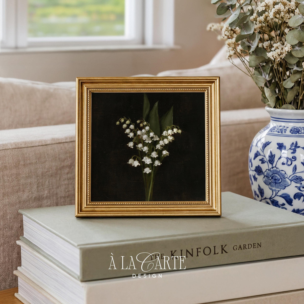 Lily of the valley painting printable art — moody vintage still life with white blossoms on dark background