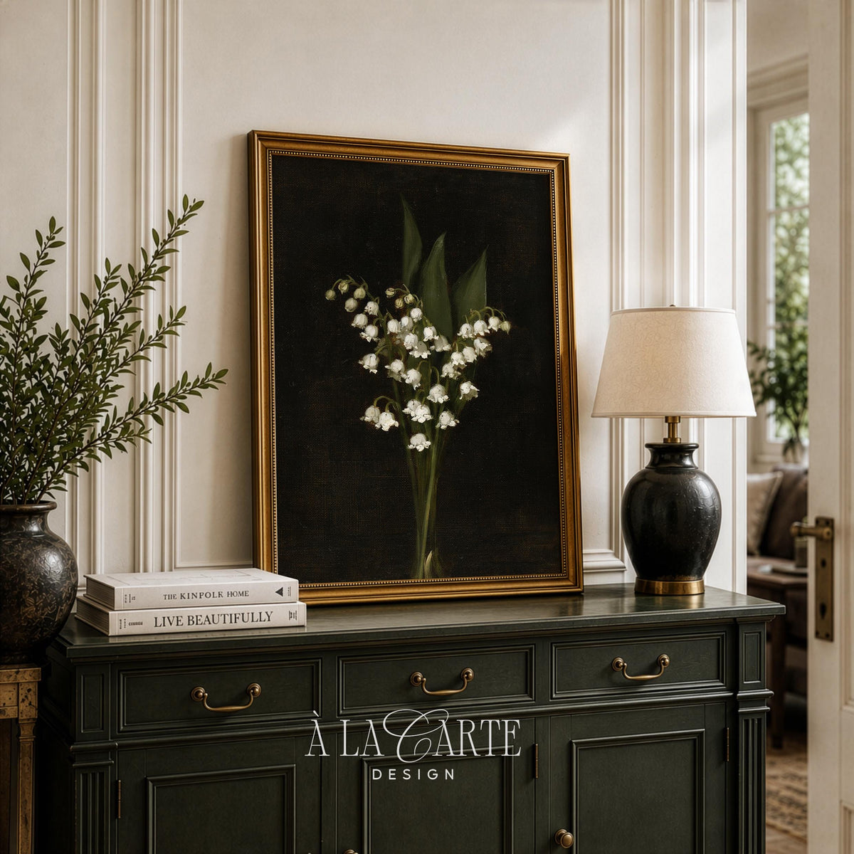 Dark cottagecore floral wall picture instant download — classic botanical with soft painterly texture