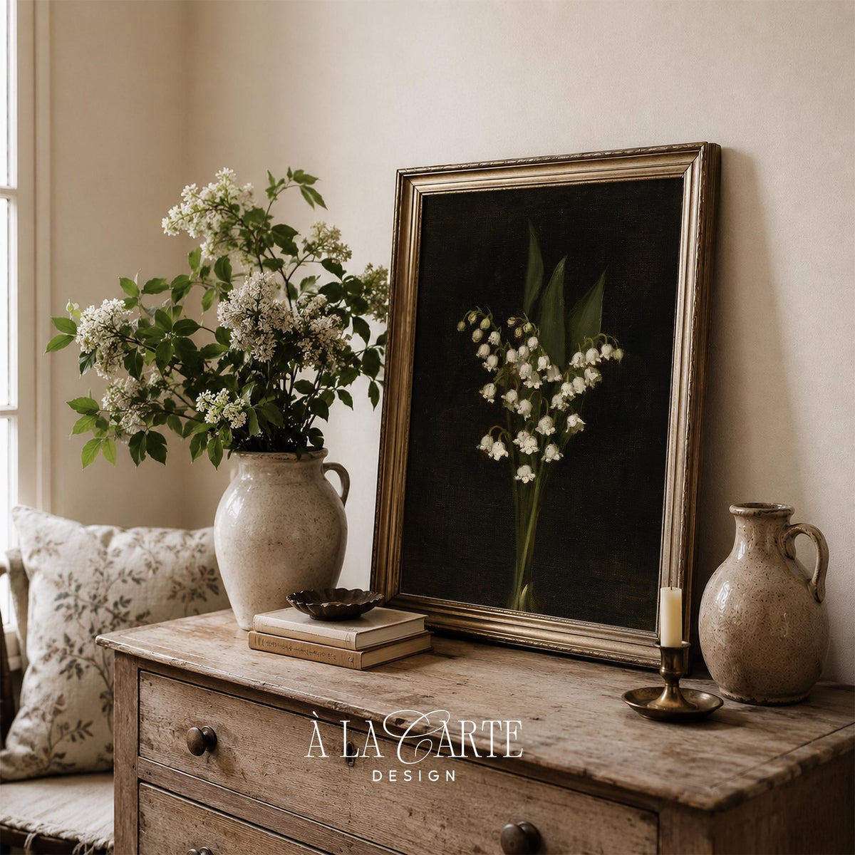 Moody botanical poster for entryway — timeless still life featuring pale blossoms on dark canvas