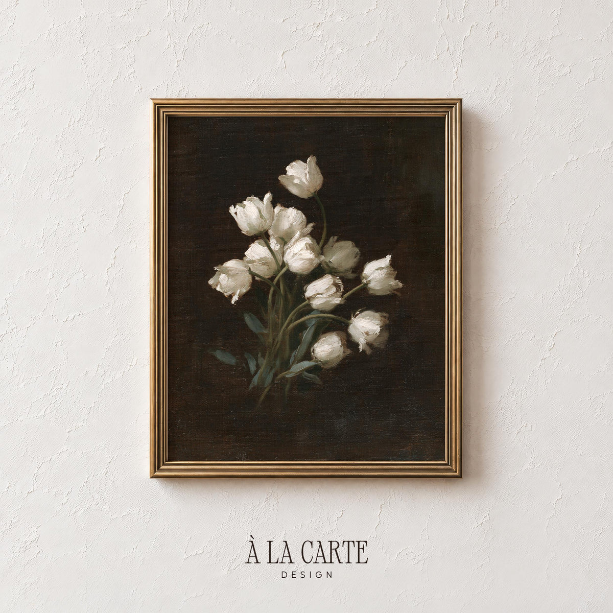 Delicate tulip arrangement picture — antique-inspired artwork with atmospheric dark tones