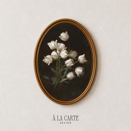 Elegant botanical still life wall picture — vintage dark academia aesthetic with tender floral focus