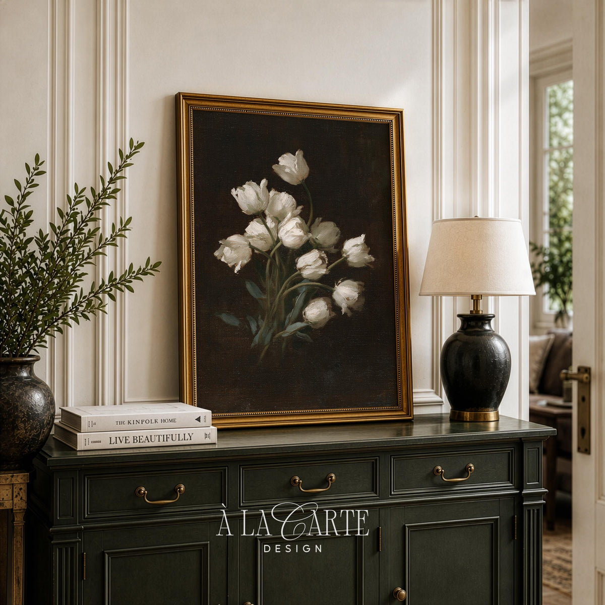 White tulip bouquet painting for bedroom — vintage moody wall art with dark black background