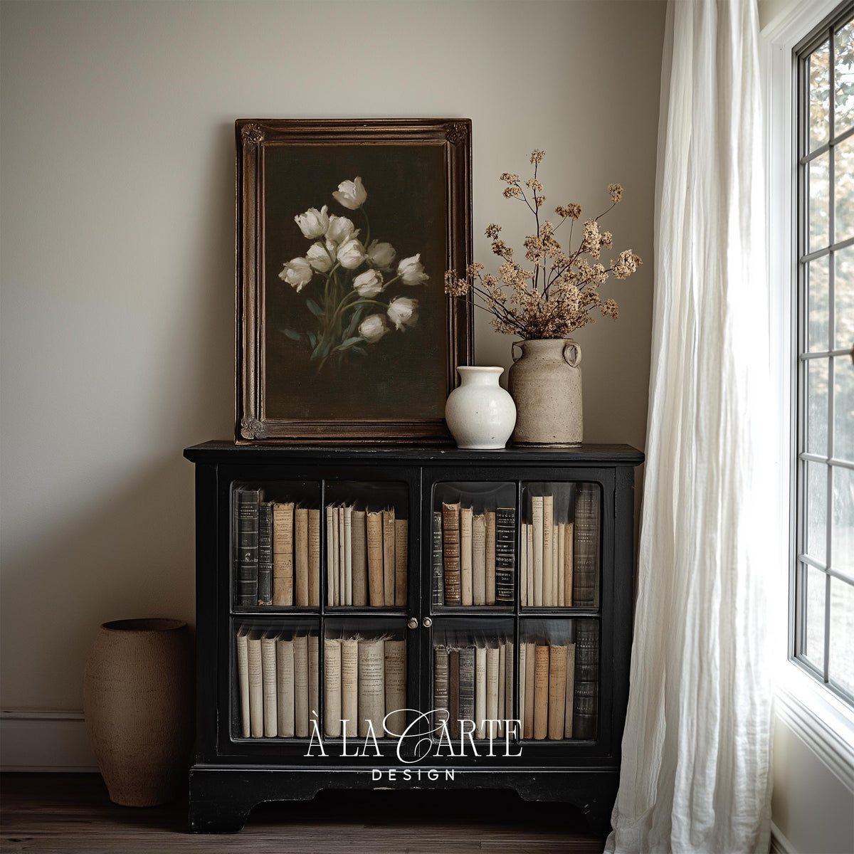 Elegant white flowers digital print — moody vintage composition featuring tender petals on shadowy canvas