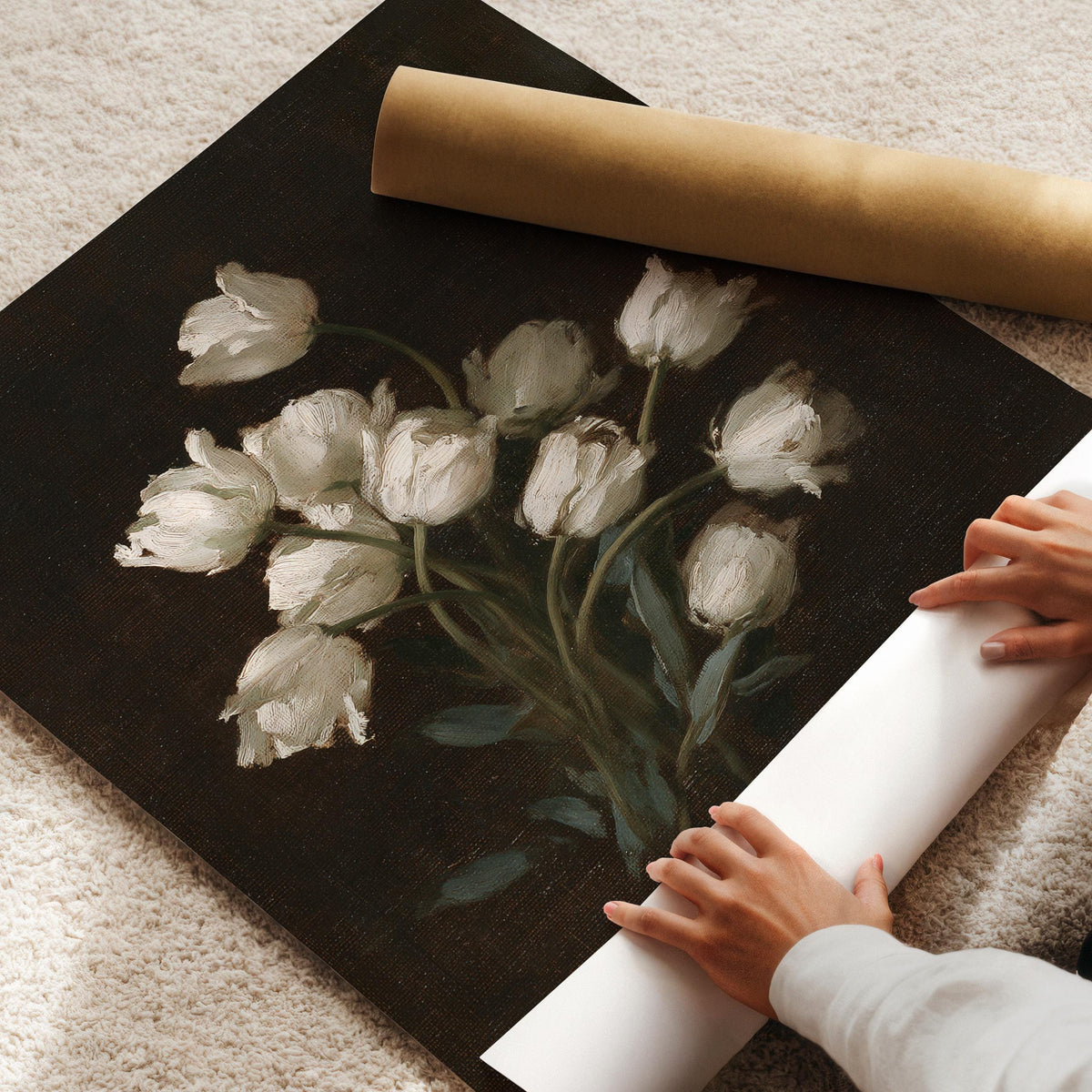 White blossom study printable poster for study — old master style painting with vintage charm