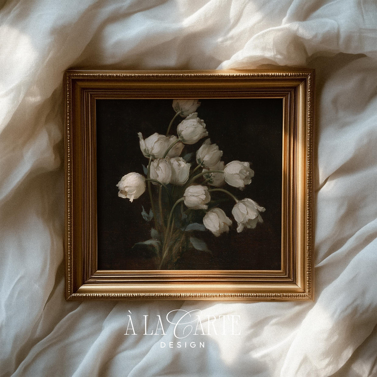 Vintage still life poster with white blooms in vase — dramatic chiaroscuro lighting on black background