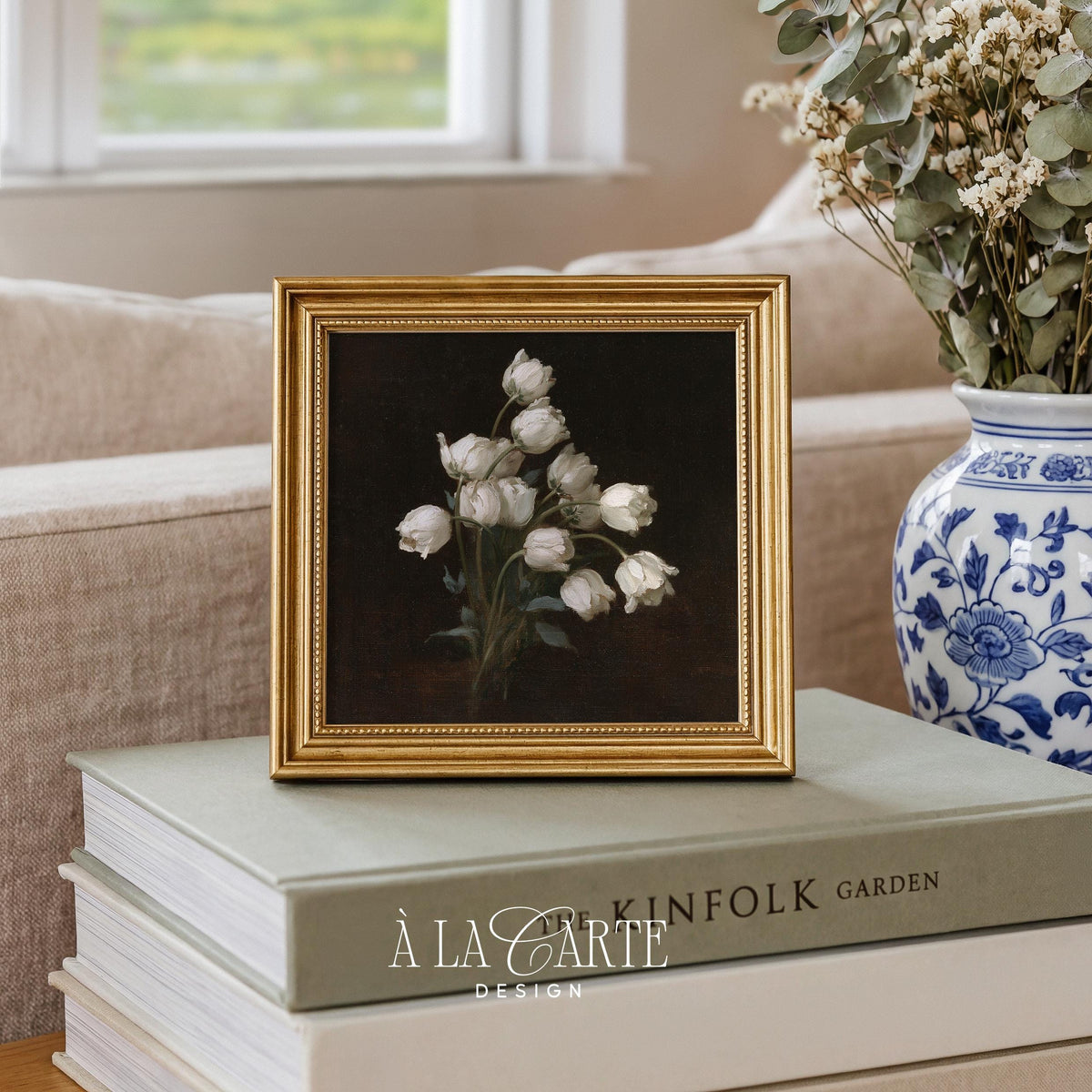 Vintage tulip painting wall art for study — elegant dark academia botanical with soft green foliage accents