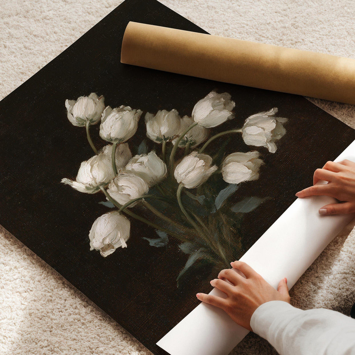 Vintage bouquet poster with delicate white tulips — rich deep background and classic painterly technique