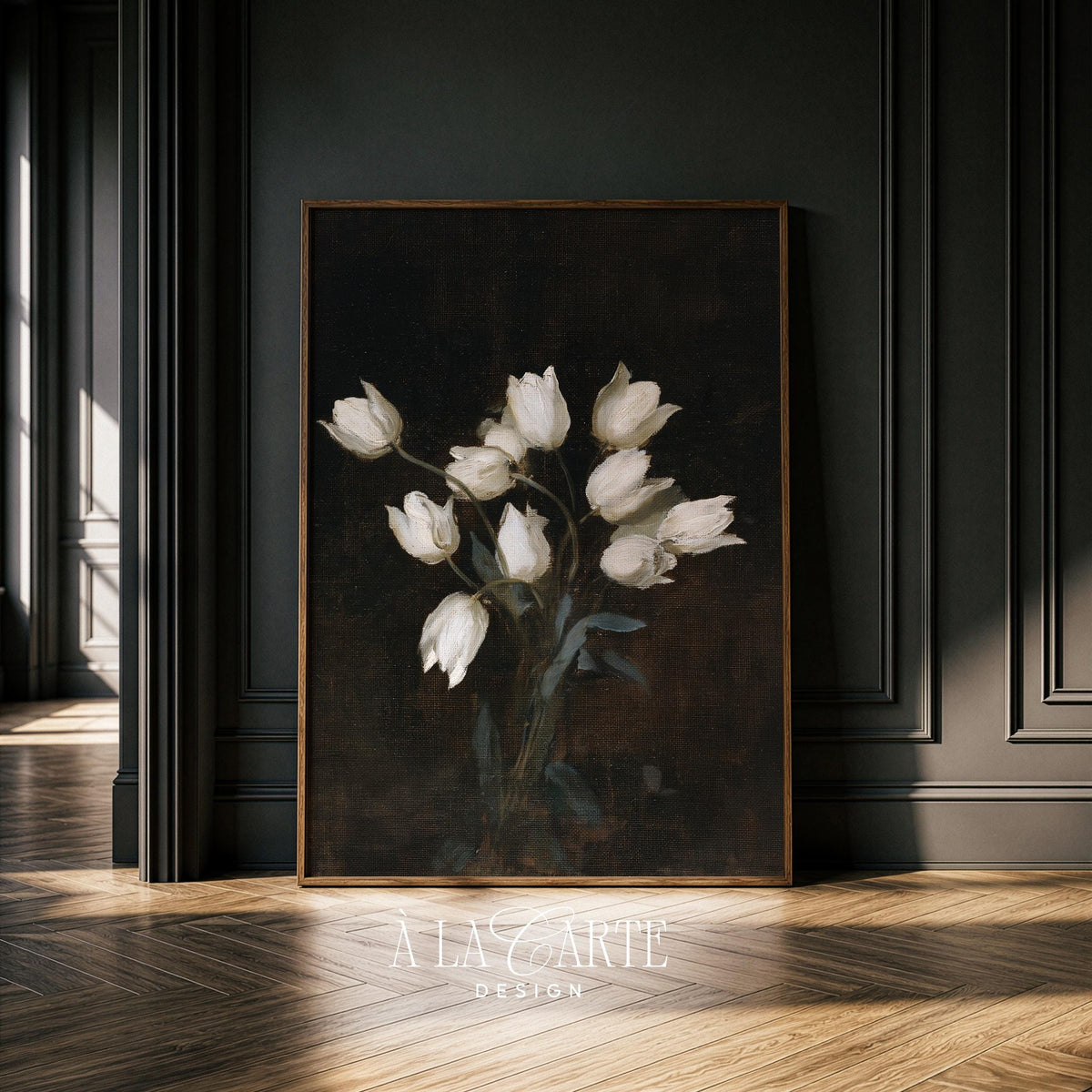 White tulips painting printable art for bedroom — dark moody vintage botanical with romantic elegance