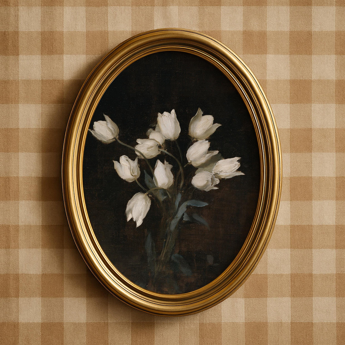 Pale blossoms poster for study — vintage oil painting aesthetic with deep atmospheric background